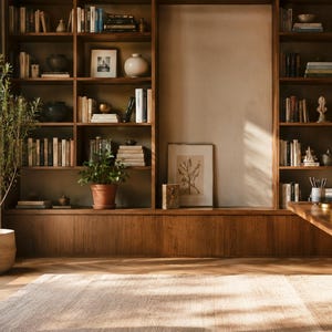 Pu&ograve; includere: Un ufficio domestico con una grande scrivania in legno, una sedia verde e scaffali in legno dal pavimento al soffitto pieni di libri e oggetti decorativi. Una pianta alta in vaso si trova vicino a una finestra e un tappeto chiaro copre il pavimento.