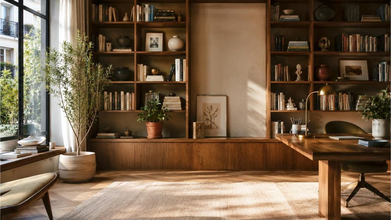 Pu&ograve; includere: Un ufficio domestico con una grande scrivania in legno, una sedia verde e scaffali in legno dal pavimento al soffitto pieni di libri e oggetti decorativi. Una pianta alta in vaso si trova vicino a una finestra e un tappeto chiaro copre il pavimento.