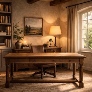 Warm Rustic Executive Office Zoom Background, Professional Home Office Virtual Background, Sharp & Blurred Video Call Backdrop