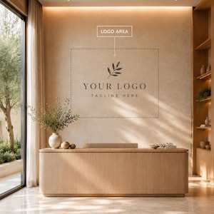 May include: A light wood reception desk sits before a beige wall featuring a dashed rectangular frame with the text LOGO AREA, YOUR LOGO, and TAGLINE HERE, accompanied by a leaf icon. A white vase with green foliage rests on the desk surface.
