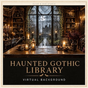 Puede incluir: Un fondo virtual digital que muestra una biblioteca oscura con estanterías, una gran ventana arqueada con un castillo a la luz de la luna, velas, un cuervo y una calavera. El texto dice OLIVE & OAK STUDIO, HAUNTED GOTHIC LIBRARY, VIRTUAL BACKGROUND.