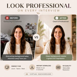 May include: A promotional image comparing a cluttered background to a clean one for video calls. The text reads "LOOK PROFESSIONAL ON EVERY INTERVIEW." It highlights the benefits of a clean background for Zoom, Teams, and Meet calls, emphasizing instant download and HD quality.