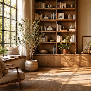 Puede incluir: Un olivo alto en maceta con hojas verdes delgadas se encuentra en una maceta de cerámica clara junto a una gran estantería de madera llena de libros, cerámica decorativa y arte enmarcado. Un sillón beige está cerca de una ventana.