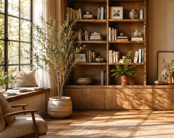 May include: A tall potted olive tree with slender green leaves sits in a light-coloured ceramic planter next to a large wooden bookshelf filled with books, decorative pottery, and framed art. A beige armchair is positioned near a window.