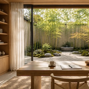 May include: A light wood desk with a ceramic mug, a notebook, and a pen, positioned before a large glass door overlooking a garden with bamboo, moss-covered rocks, a stone water basin, and raked gravel, framed by light curtains and shelves.
