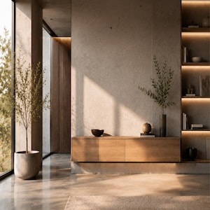May include: A light wood media console with three cabinet doors sits against a textured concrete wall. The console features a dark bowl, a small sphere, and a tall vase with green branches. A large potted plant stands nearby in a concrete planter.
