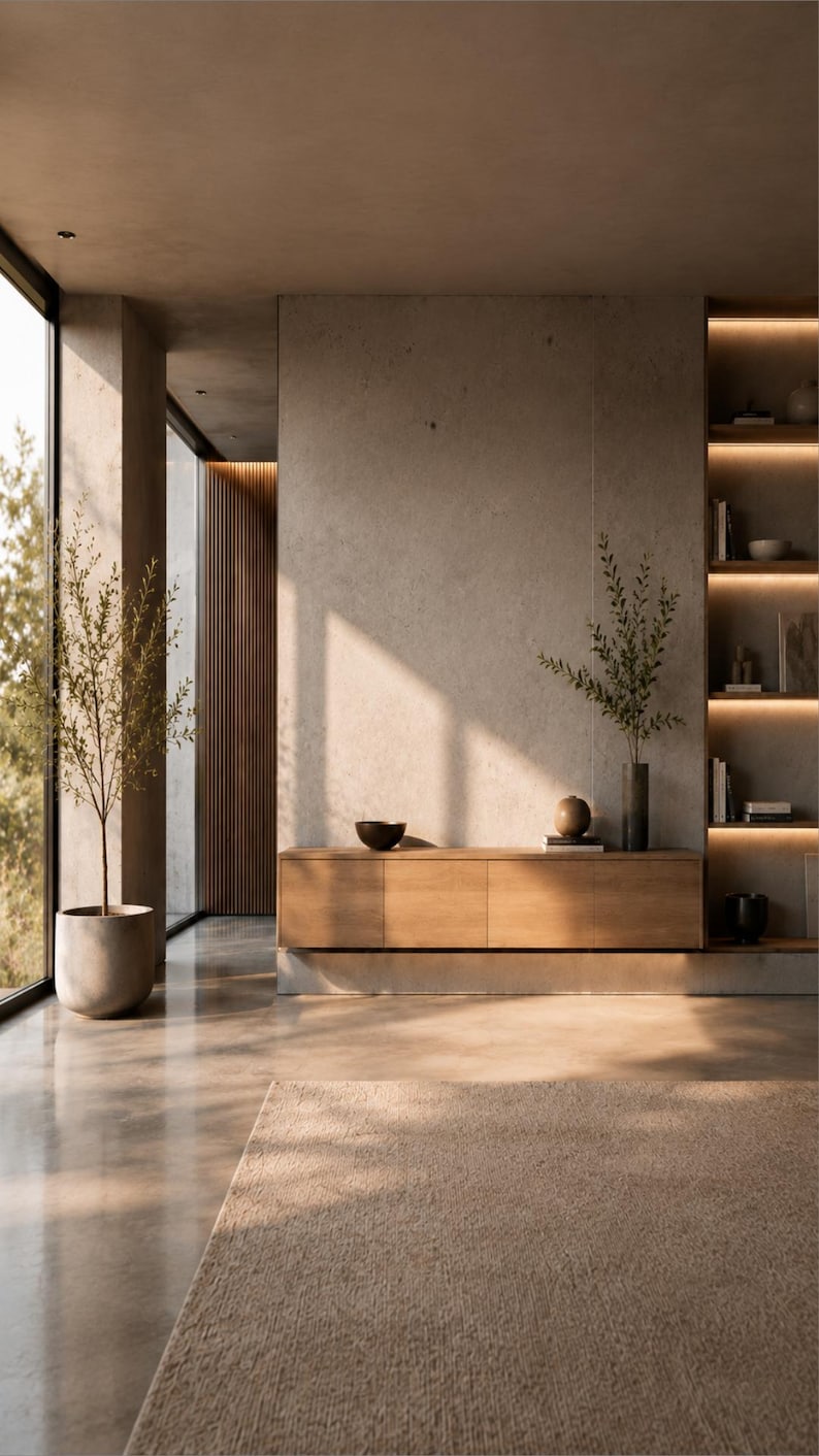 May include: A light wood media console with three cabinet doors sits against a textured concrete wall. The console features a dark bowl, a small sphere, and a tall vase with green branches. A large potted plant stands nearby in a concrete planter.