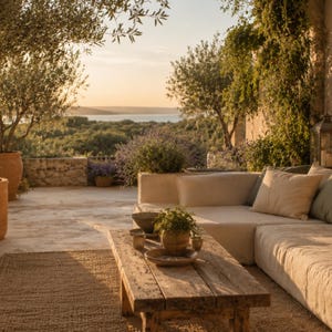 May include: A beige modular sofa with several throw pillows sits on a stone patio next to a rustic wooden coffee table. The table holds a small potted plant and ceramic bowls. A woven rug lies beneath the table, and olive trees are nearby.