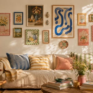 Puede incluir: Un salón con un sofá beige adornado con cojines a rayas y lisos. Encima del sofá, varias obras de arte enmarcadas y piezas decorativas están dispuestas en la pared, incluyendo pinturas florales y arte abstracto. Una mesa de centro de madera está frente al sofá.