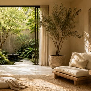 May include: A low-profile wooden lounge chair with a beige cushion and matching rectangular pillow, positioned on a textured jute rug next to a large potted olive tree, with a view of an outdoor garden through a sliding glass door.