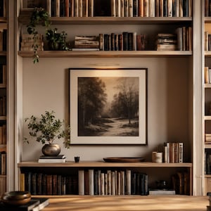 May include: A built-in bookshelf filled with books of various sizes and colors. A framed black and white landscape painting hangs in the center. A small plant in a metallic pot and other decorative items are on the shelves.