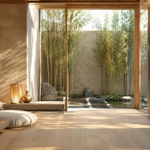 May include: A room with light wood flooring, a beige floor cushion, and a cylindrical slatted lamp. A stone platform holds a small brown vase. Large glass doors open to an outdoor space featuring bamboo stalks, a stone wall, and a small pond.