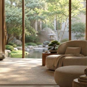 Peut inclure: Intérieur serein avec un canapé incurvé beige et un pouf assorti, une petite table d'appoint en bois et un bonsaï. Une fenêtre offre une vue sur un jardin japonais avec un étang et de la verdure, créant une atmosphère paisible.