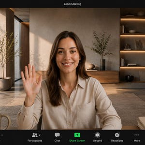 May include: A digital interface showing a Zoom Meeting window with a person waving, a beige button-down shirt, a ceramic mug, and a notebook with a pen. The interface includes icons for Mute, Stop Video, Participants, Chat, Share Screen, Record, Reactions, More, and Leave.