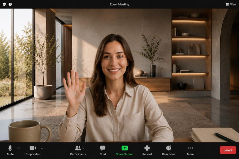 May include: A digital interface showing a Zoom Meeting window with a person waving, a beige button-down shirt, a ceramic mug, and a notebook with a pen. The interface includes icons for Mute, Stop Video, Participants, Chat, Share Screen, Record, Reactions, More, and Leave.