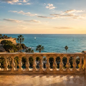 Puede incluir: Una balaustrada de piedra con una serie de balaustres tallados que domina una escena costera al atardecer. La vista incluye un mar azul en calma, veleros distantes, palmeras y una costa rocosa bajo un cielo con nubes suaves y luz dorada.