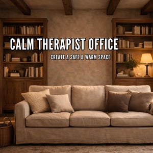 May include: A beige three-cushion sofa with textured throw pillows sits before two wooden bookshelves. The text CALM THERAPIST OFFICE and CREATE A SAFE & WARM SPACE is centered above the sofa. A wicker basket and a table lamp are visible.