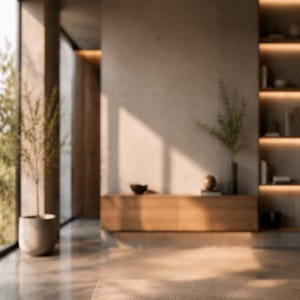 May include: A room interior featuring a light brown textured rug in the foreground, a wooden console table with a bowl and a decorative object, a tall potted plant, and a wall-mounted shelving unit with integrated warm lighting and books.