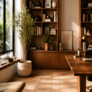 Pu&ograve; includere: Uno spazio ufficio domestico con una grande scrivania in legno, un'alta libreria in legno piena di libri e oggetti decorativi, una pianta in un vaso di ceramica chiaro, una finestra con luce naturale e un tappeto strutturato sul pavimento.