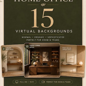 Puede incluir: Un listado de producto digital para 15 fondos virtuales de alta calidad para oficinas en casa. El gráfico verde oscuro presenta el texto WARM ORGANIC HOME OFFICE y muestra tres vistas previas de interiores de oficina con muebles de madera.
