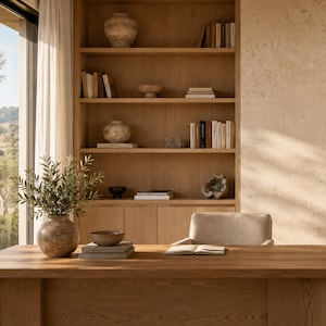 May include: A wooden desk with an open book, a stacked bowl, and a vase containing an olive branch. Behind the desk is a tall wooden bookshelf filled with books, decorative bowls, and stone objects, set against a light-colored stone wall.