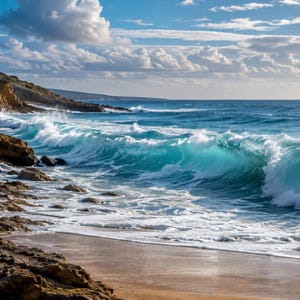 May include: A turquoise ocean wave crashes against a rocky shoreline with a sandy beach in the foreground. The water transitions from deep blue to translucent teal as it breaks into white sea foam under a bright blue sky with scattered clouds.