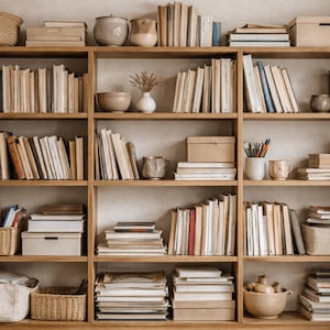 Puede incluir: Una gran estantería de madera con múltiples niveles llena de numerosos libros, cestas tejidas, cuencos de cerámica, jarrones y cajas de almacenamiento. Los estantes están organizados con pilas verticales y horizontales de libros y cerámica.