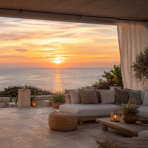 Puede incluir: Un espacio de vida al aire libre con vista al atardecer. Un sofá blanco con varios cojines se encuentra en un patio de piedra. Un otomán tejido y una mesa de centro de madera con una linterna están frente al sofá. El océano y el cielo son visibles.