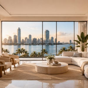 Può includere: Un soggiorno con un grande divano angolare bianco curvo, due poltrone beige e un tavolino rotondo in pietra. Un'ampia vetrata si affaccia su uno specchio d'acqua con palme e sullo skyline di una città lontana sotto un cielo limpido.