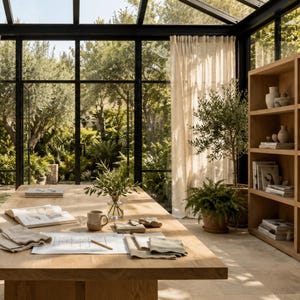 Puede incluir: Una mesa grande de madera clara se encuentra en una habitación iluminada por el sol con paredes de cristal y marcos negros. Sobre la mesa hay un jarrón de cristal con ramas verdes, una taza de cerámica, un lápiz, un plano y servilletas de lino.
