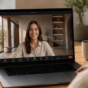 May include: A black laptop displaying a video conference call on its screen. The screen shows a person with long brown hair wearing a beige shirt, with a room interior in the background. The interface includes icons for mute, video, and chat.