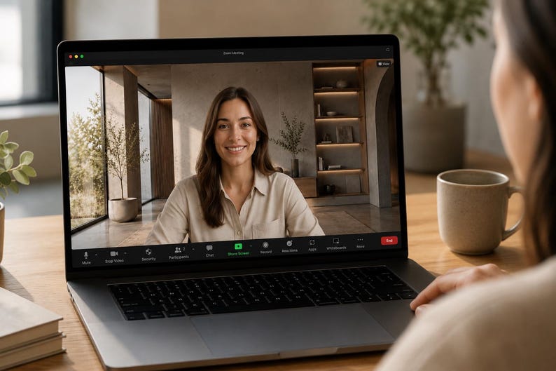 May include: A black laptop displaying a video conference call on its screen. The screen shows a person with long brown hair wearing a beige shirt, with a room interior in the background. The interface includes icons for mute, video, and chat.