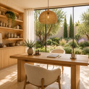 May include: A light wood dining table with two cream-colored upholstered chairs, a woven dome pendant light, a ceramic vase with greenery, a notebook, and a white mug, positioned in a room with built-in wooden shelving and large windows.