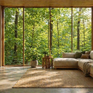 May include: A living room with a large window offering a view of a dense green forest. The room includes a beige sectional sofa, a woven rug, and a small wooden side table with a potted plant. The space is filled with natural light.
