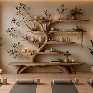 Peut inclure: Une grande étagère murale en bois clair en forme d'arbre avec plusieurs branches horizontales servant d'étagères. Elle contient divers vases en céramique, des petites statues de Bouddha, des livres et des plantes. Un long banc en bois est posé au sol.