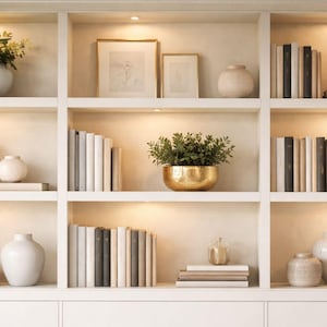 Puede incluir: Una gran estantería blanca empotrada con tres secciones verticales y varios estantes. Los estantes están llenos de libros en tonos neutros, varios jarrones de cerámica blanca, arte enmarcado, un cuenco dorado con una planta verde y pequeños objetos decorativos, todo iluminado por luces empotradas cálidas.