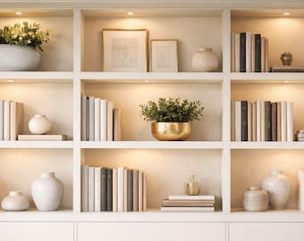 Elegant White Bookshelf Virtual Background, Neutral Zoom Background, Minimal Home Office Backdrop for Video Calls