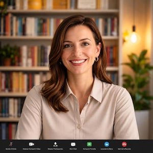 May include: A woman with brown hair and a beige button-down shirt smiles at the camera. The background includes a bookshelf filled with books and a plant. The bottom of the screen displays video call control icons.