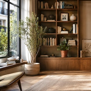 Puede incluir: Una planta verde alta y esbelta en una maceta de cerámica cilíndrica de color claro se encuentra junto a una ventana grande. Detrás, una estantería de madera de suelo a techo está llena de libros, jarrones de cerámica y una fotografía enmarcada.