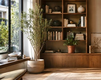 May include: A tall, slender green plant in a light beige, cylindrical ceramic pot stands next to a large window. Behind it, a floor-to-ceiling wooden bookshelf is filled with various books, decorative vases, and a framed photograph.