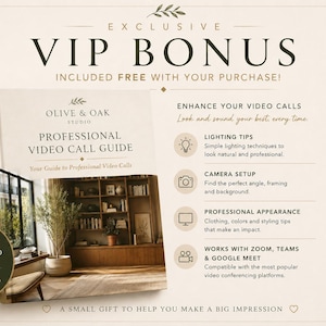 Pu&ograve; includere: Una guida digitale intitolata Professional Video Call Guide di Olive & Oak Studio. La copertina mostra un interno con una libreria e una pianta. Il testo include Exclusive VIP Bonus, Enhance Your Video Calls e la compatibilit&agrave; dei software.