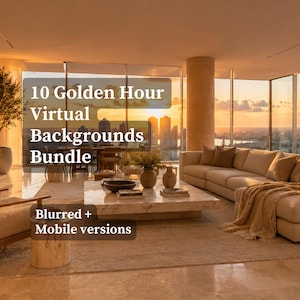 Puede incluir: Interior moderno con vista a una ciudad al atardecer. La imagen muestra un sofá beige, una mesa de centro de mármol y el texto "10 Golden Hour Virtual Backgrounds Bundle". Incluye versiones borrosas y móviles.
