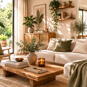 Puede incluir: Una mesa de centro de madera sostiene un jarrón de cerámica con vegetación, dos libros titulados Slow Living y Natural Living, una vela encendida en un frasco de vidrio y un cuaderno con un bolígrafo. Un sofá beige con cojines verdes está cerca.