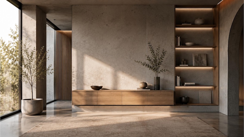May include: A long, light-toned wooden media console mounted on a textured beige wall, featuring a built-in shelving unit with integrated lighting, a potted plant in a concrete planter, and decorative bowls placed on the console surface.