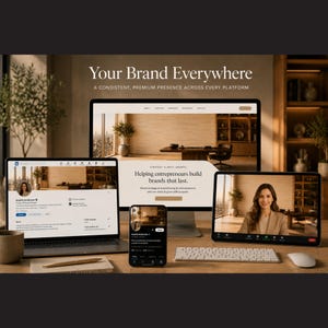 Könnte beinhalten: Ein Laptop, ein Smartphone und ein Tablet mit einer professionellen Website und Social-Media-Profilen. Die Bildschirme zeigen den Text Your Brand Everywhere, A Consistent, Premium Presence Across Every Platform und Helping entrepreneurs build brands that last.