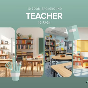 Può includere: Grafica turchese con il testo "10 ZOOM BACKGROUND TEACHER 10 PACK". L'immagine presenta quattro scene interne di aule e biblioteche, con scrivanie, librerie e materiale scolastico.