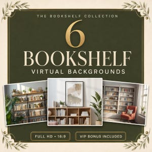 Puede incluir: Una colección digital de 6 fondos virtuales de estanterías con diversas escenas interiores con estantes, plantas y muebles. El gráfico incluye el texto THE BOOKSHELF COLLECTION, 6 BOOKSHELF VIRTUAL BACKGROUNDS, FULL HD 16:9 y VIP BONUS INCLUDED.