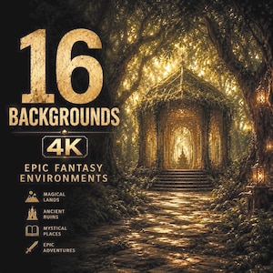 May include: Digital art featuring a fantasy landscape with a stone path leading to a gazebo. The image includes text that reads "16 Backgrounds 4K Epic Fantasy Environments" with icons for magical lands, ancient ruins, mystical places, and epic adventures.