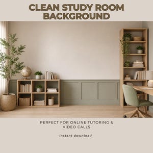 以下が含まれることがあります： 木製の家具と植物を備えた、ニュートラルな色調の書斎の背景。画像には、本棚、机、装飾用の植物が含まれています。上部のテキストは「CLEAN STUDY ROOM BACKGROUND」と書かれています。下部のテキストは「instant download」と書かれています。
