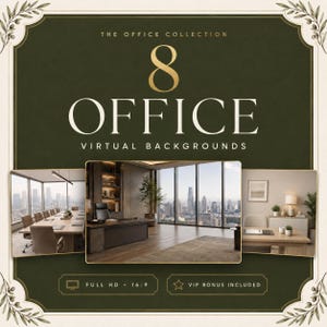 Puede incluir: Un gráfico digital con el texto THE OFFICE COLLECTION 8 OFFICE VIRTUAL BACKGROUNDS en oro y blanco sobre un fondo verde oscuro. Tres miniaturas rectangulares muestran interiores de oficinas modernas con vistas a la ciudad.